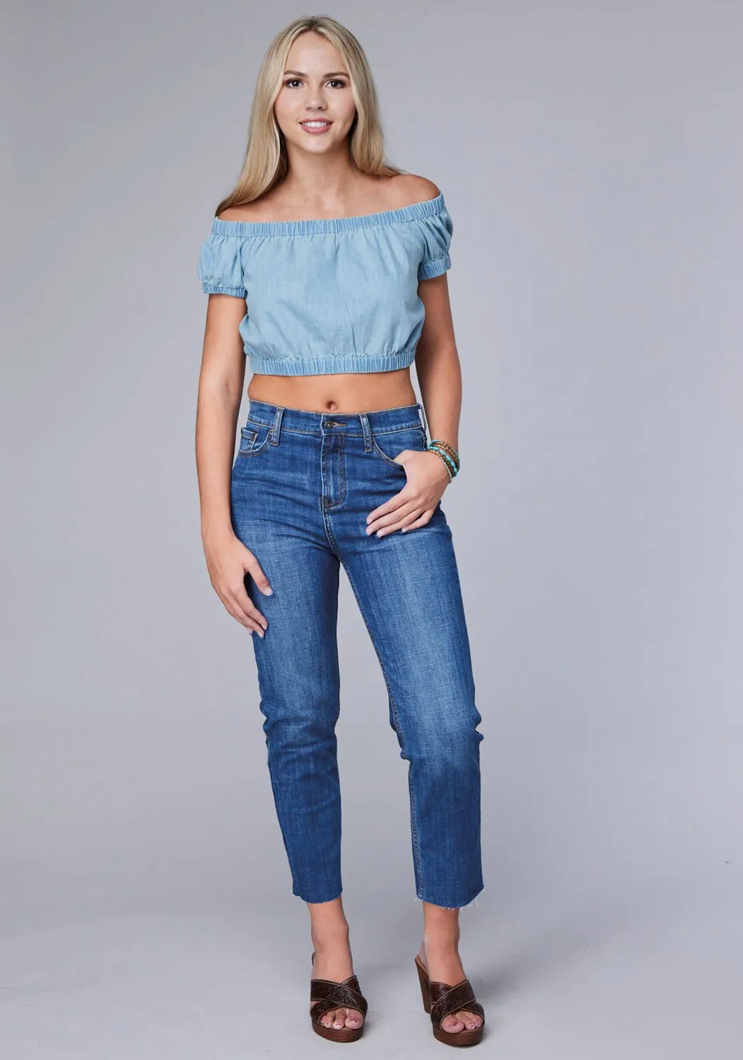 Seasonal Essential Comfortable Design Roper Womens Off Shoulder Crop Top Light Blue 100% Cotton S/S Tunic