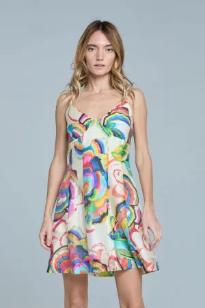 Abstract Floral Print Mini Dress in Cream Multi Seasonal Wearable Balanced Tone Abstract Floral Print Mini Dress in Cream Multi