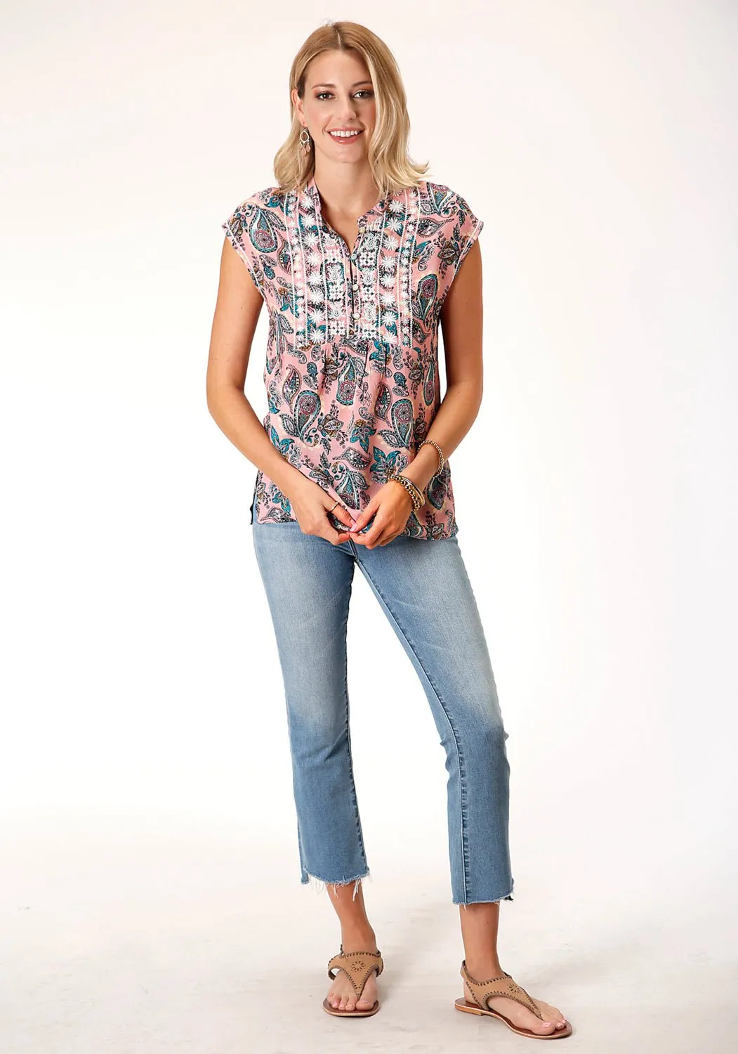 Roper Womens Pink Rayon/Nylon Paisley S/S Blouse Everyday Comfort High Density Weave