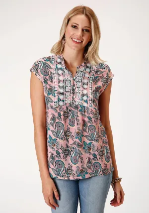 Abstract print Roper Womens Pink Rayon/Nylon Paisley S/S Blouse Roper Womens Pink Rayon/Nylon Paisley S/S Blouse Trendy Wear