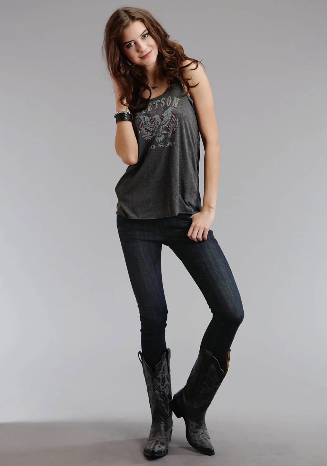 Split hem Stetson Womens Vintage Eagle Grey 100% Cotton S/L Tank Top