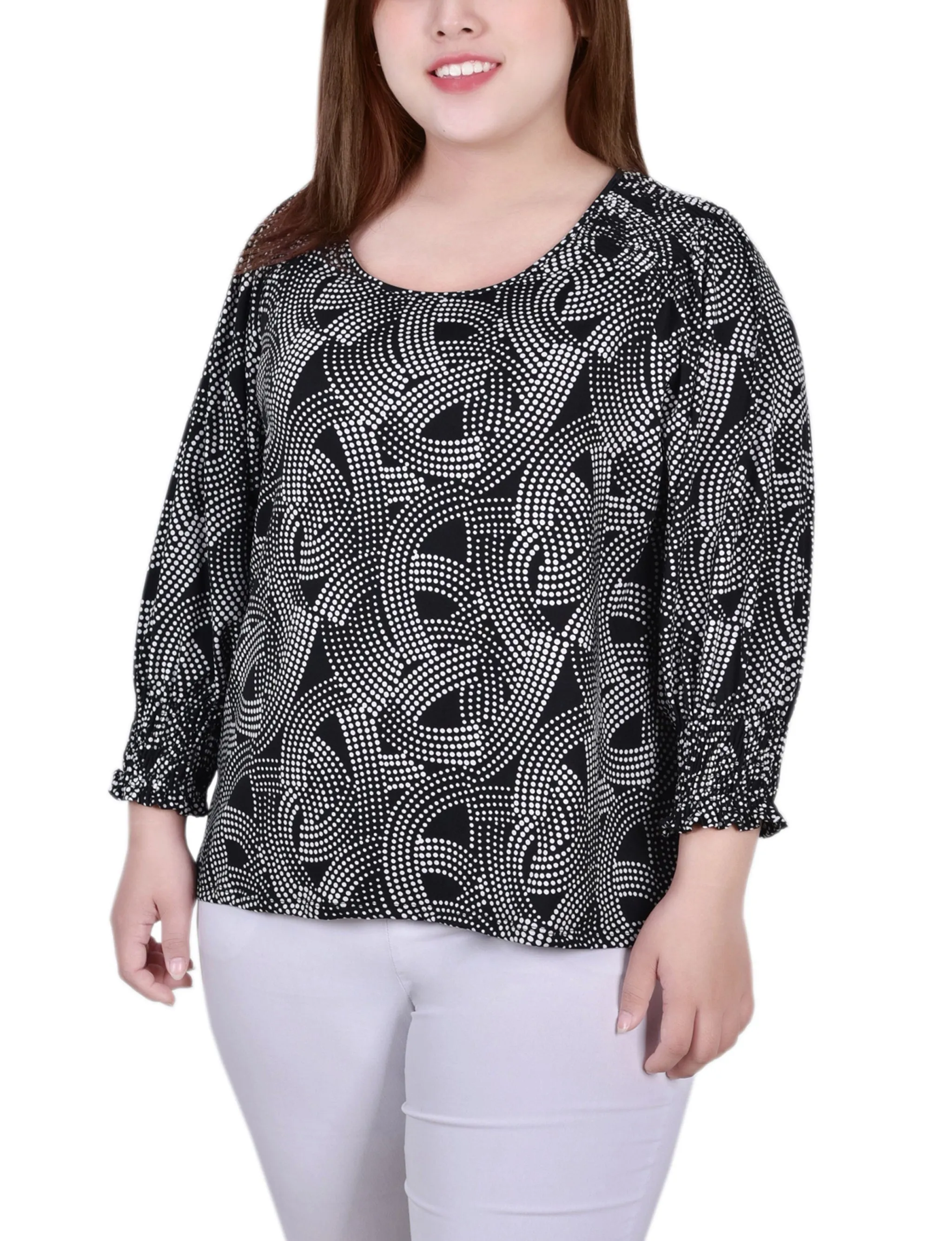 Plus Size 3/4 Smocked Detail Top Cool Look