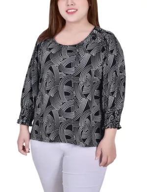 Accordion Pleats Plus Size 3/4 Smocked Detail Top Flattering Silhouette Wear Bright Colors Plus Size 3/4 Smocked Detail Top