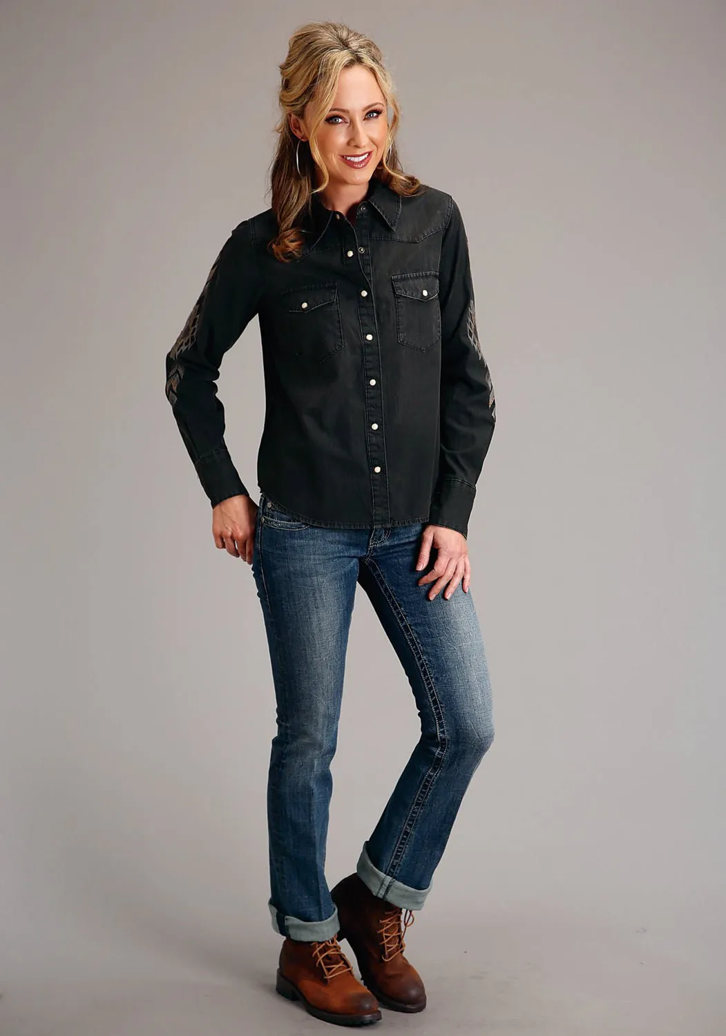 Stetson Womens Boyfriend Fit Denim Black 100% Cotton L/S Shirt Versatile Look