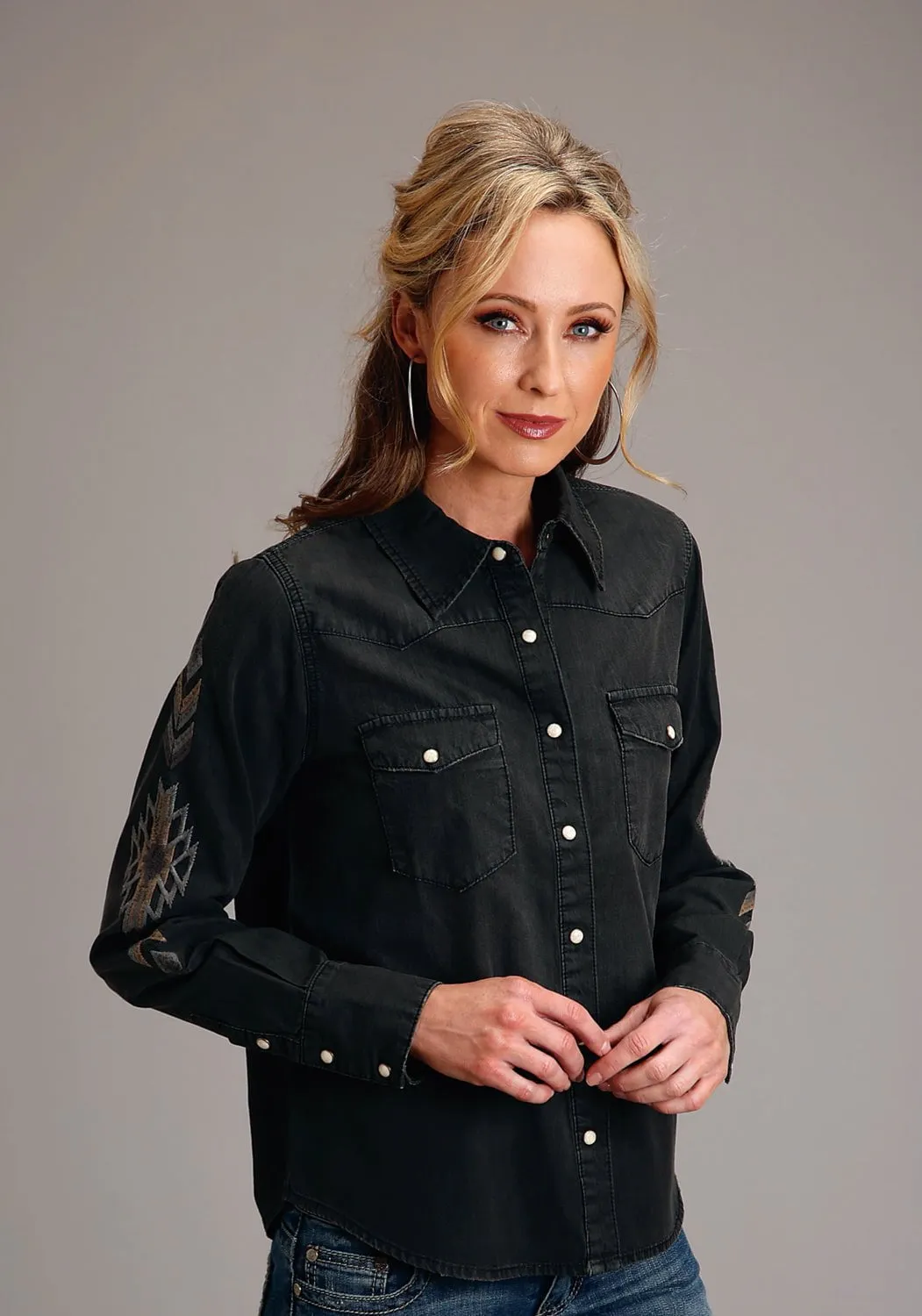 Stetson Womens Boyfriend Fit Denim Black 100% Cotton L/S Shirt Tall friendly Non Chafe Seams