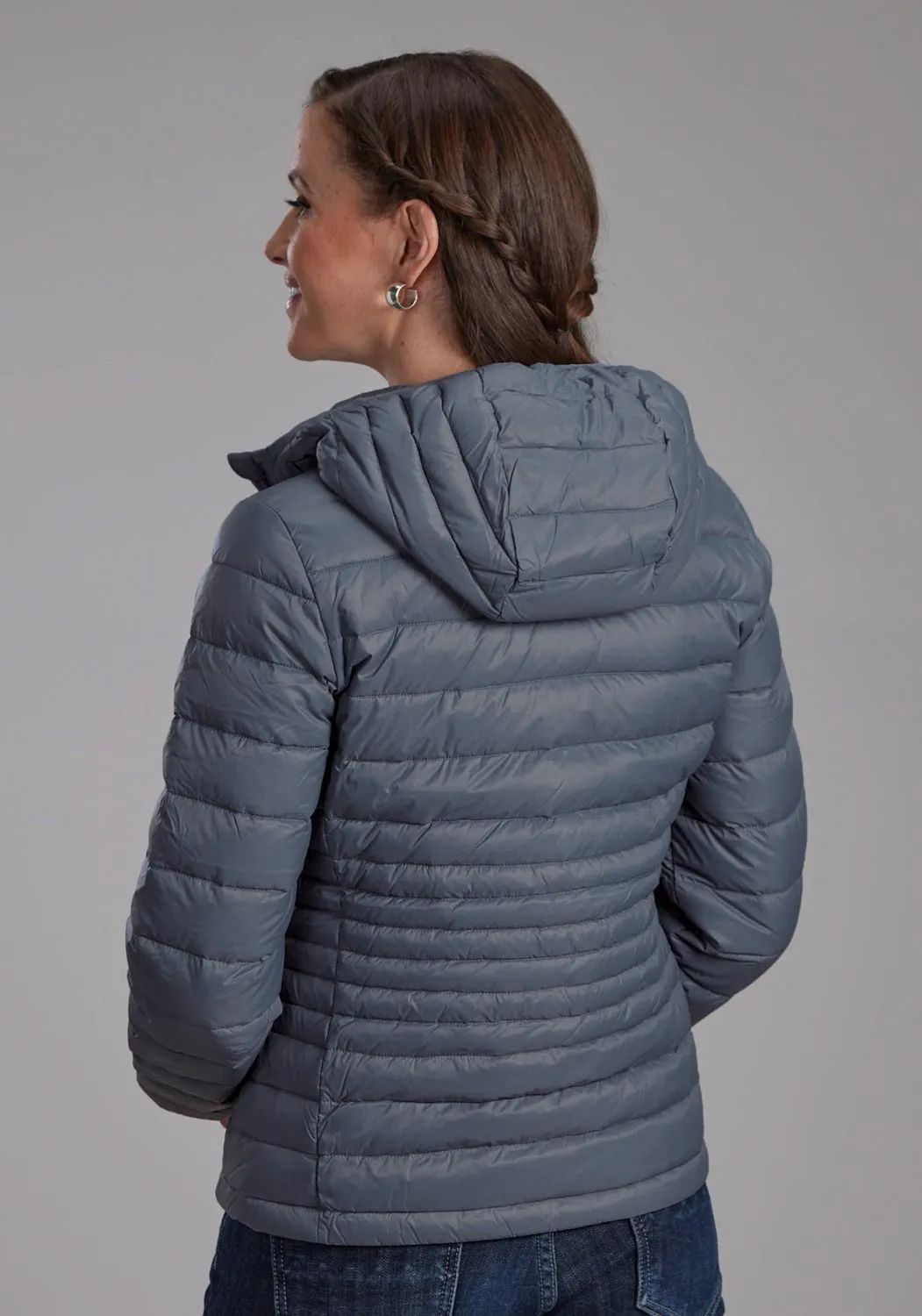 Roper Womens Parachute Down Fill Silver Blue 100% Nylon Softshell Jacket Smooth zipper closure