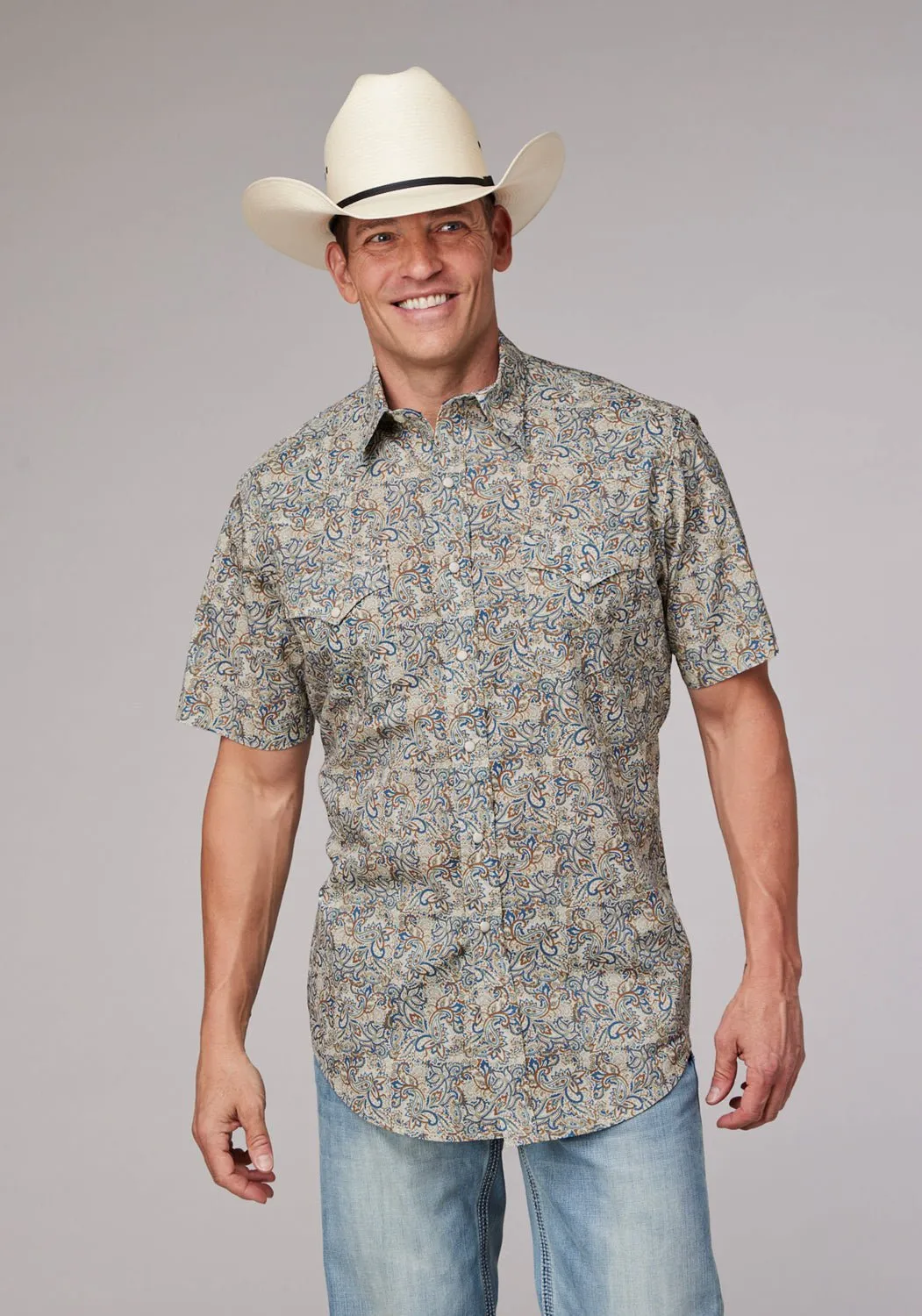 Flex Fit Collar Organic Cotton Roper Mens Sketchy Paisley Brown 100% Cotton S/S Shirt
