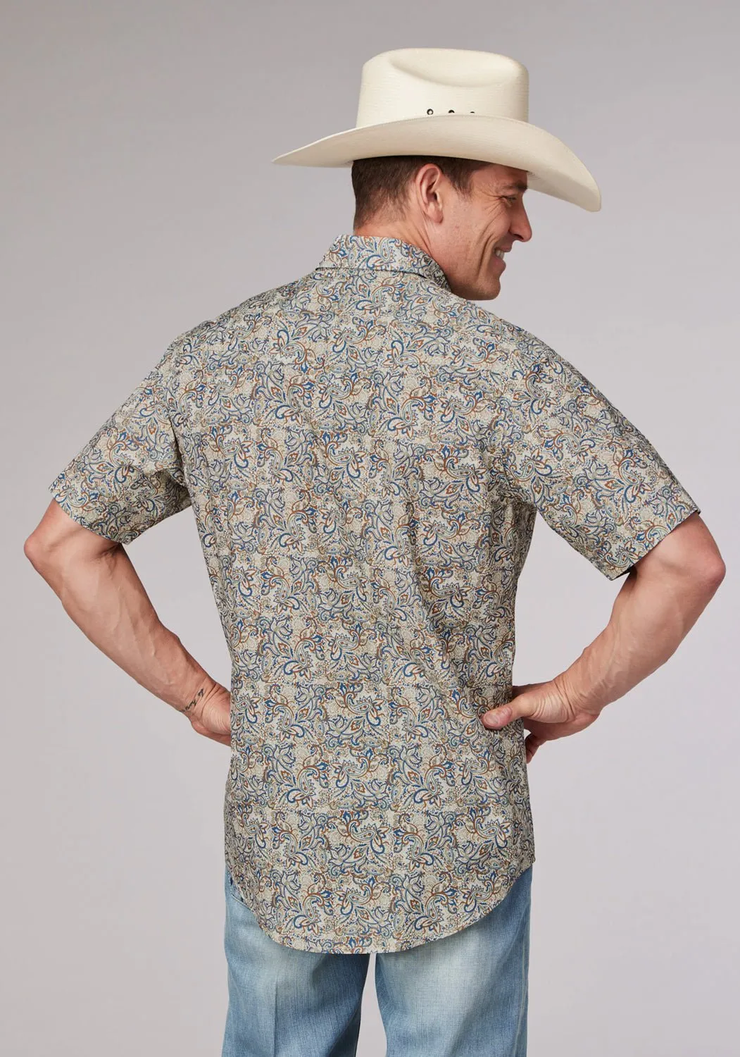 Roper Mens Sketchy Paisley Brown 100% Cotton S/S Shirt Smooth Seam Finish