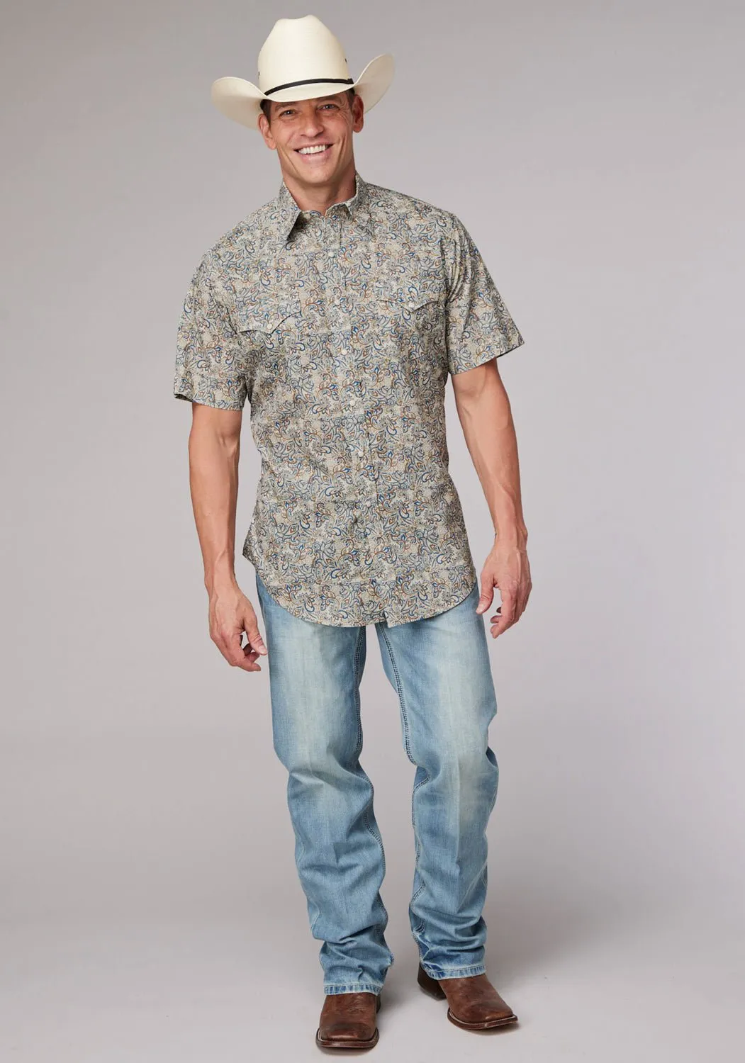 Roper Mens Sketchy Paisley Brown 100% Cotton S/S Shirt High-End Fashion