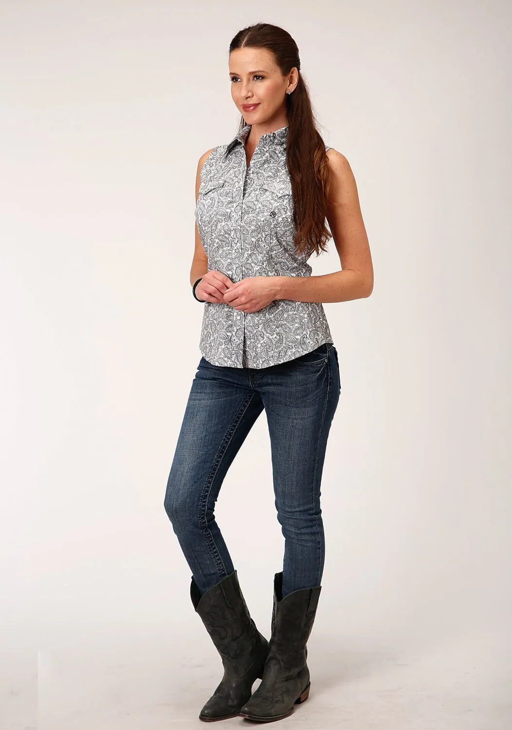 Roper Womens White/Grey 100% Cotton Line Paisley S/L Shirt Neutral Tones Eco Dye Technique