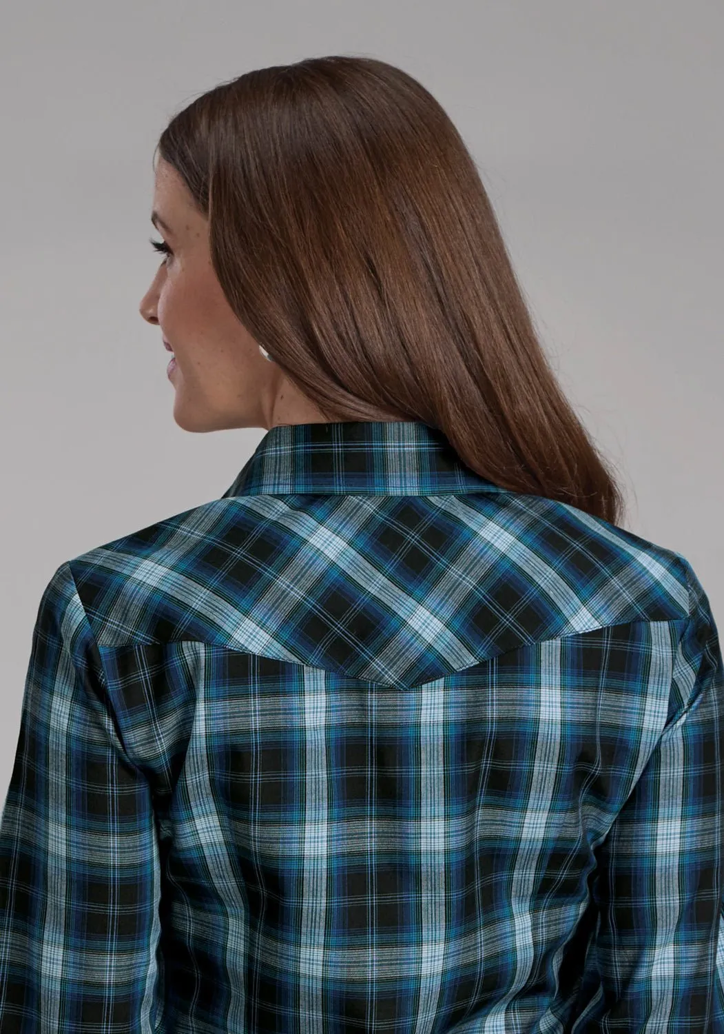 Slim Silhouette Wrinkle Resistant Roper Womens 2128 Windowpane Plaid Multi Blue Cotton Blend L/S Shirt