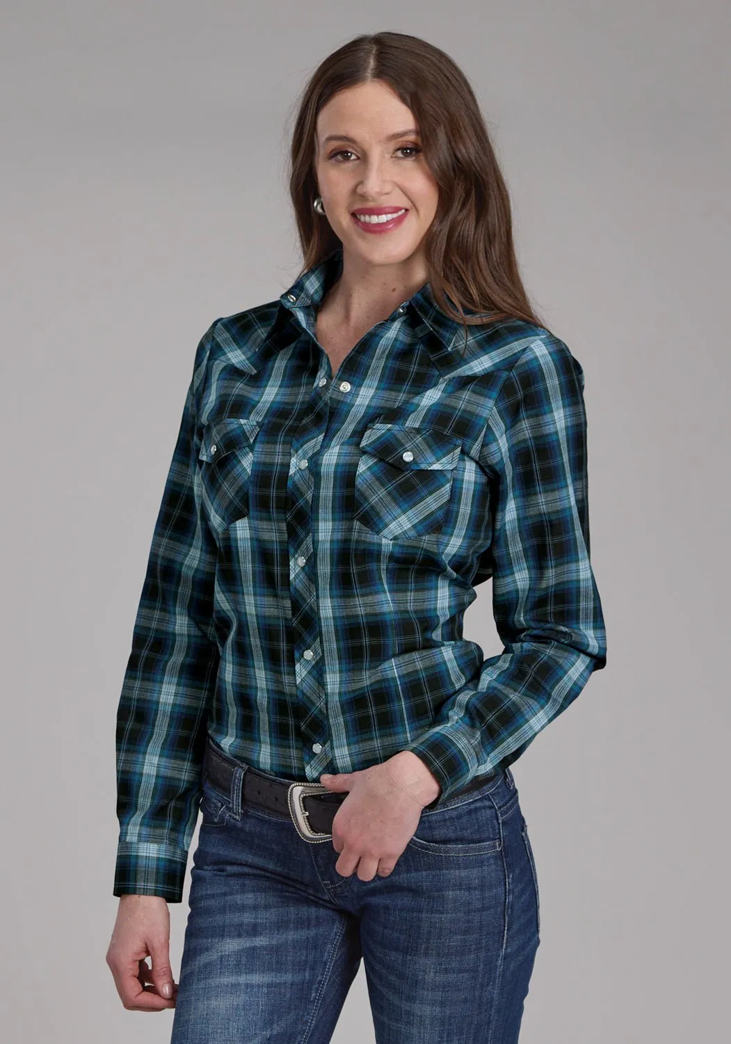 Sporty Style Trendy Wear Roper Womens 2128 Windowpane Plaid Multi Blue Cotton Blend L/S Shirt