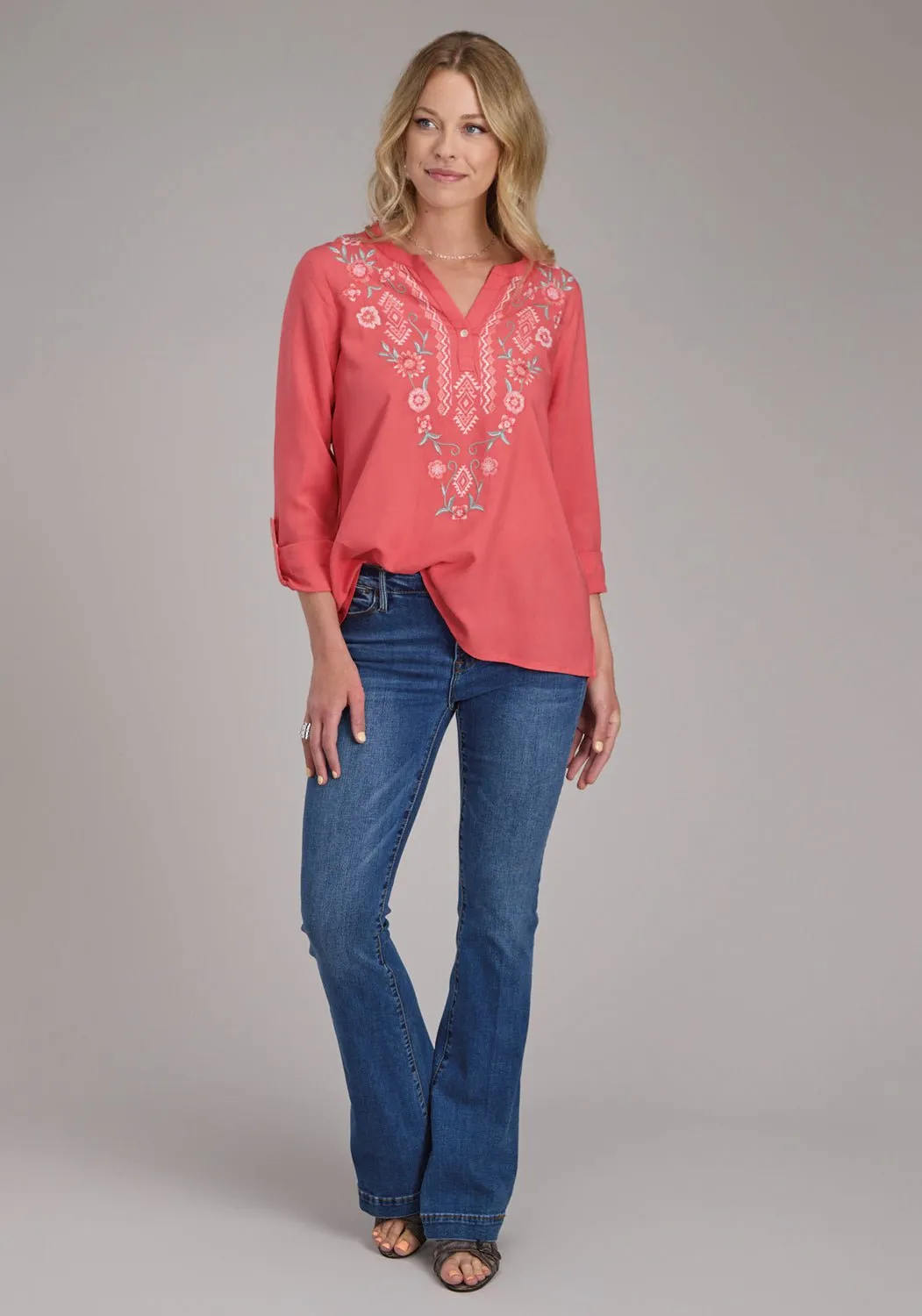 Roper Womens Floral Split V Placket Pink 100% Rayon L/S Tunic Casual Vibe