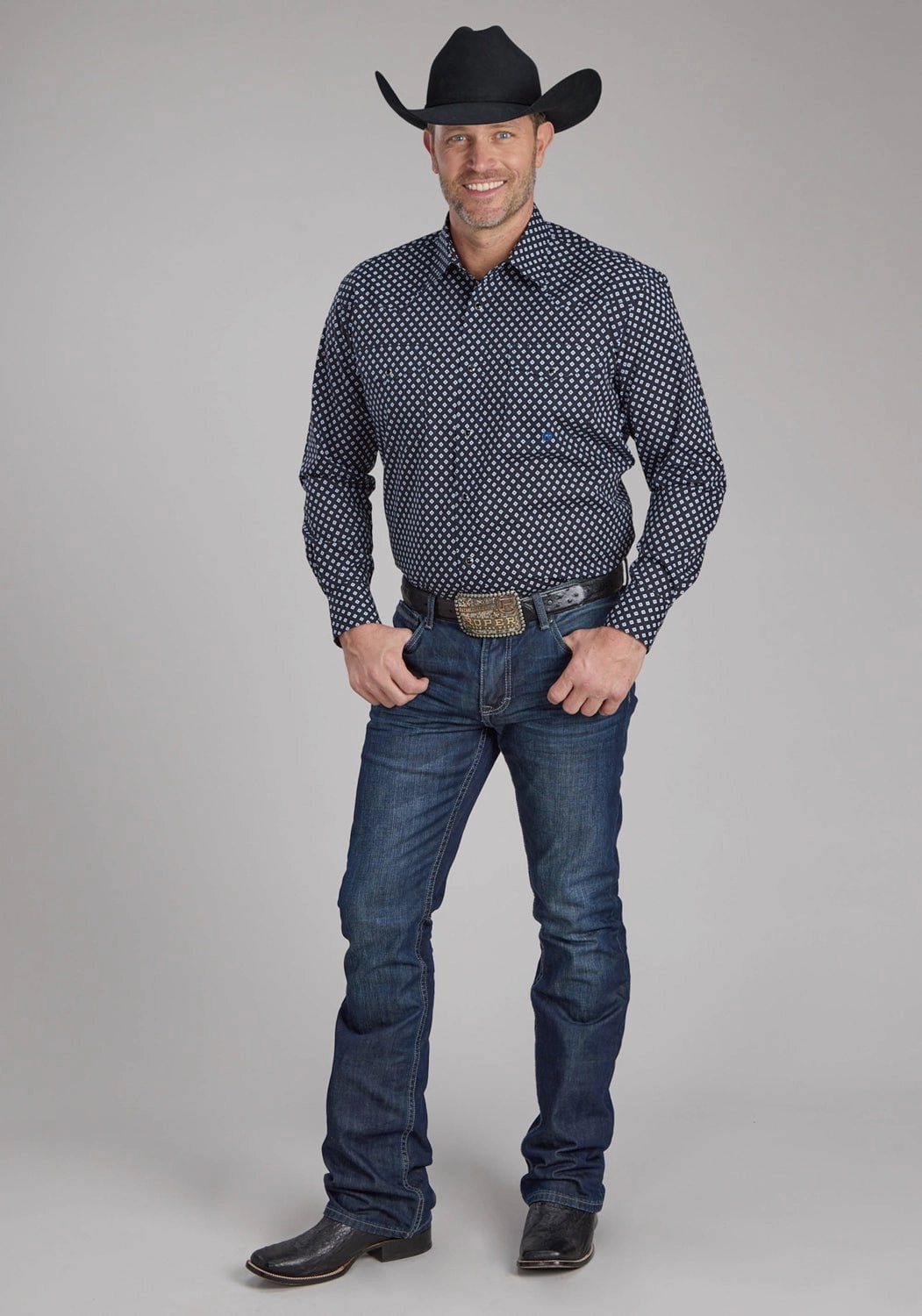 Polished Finish Roper Mens 2240 Diamonds Black 100% Cotton Tall L/S Shirt