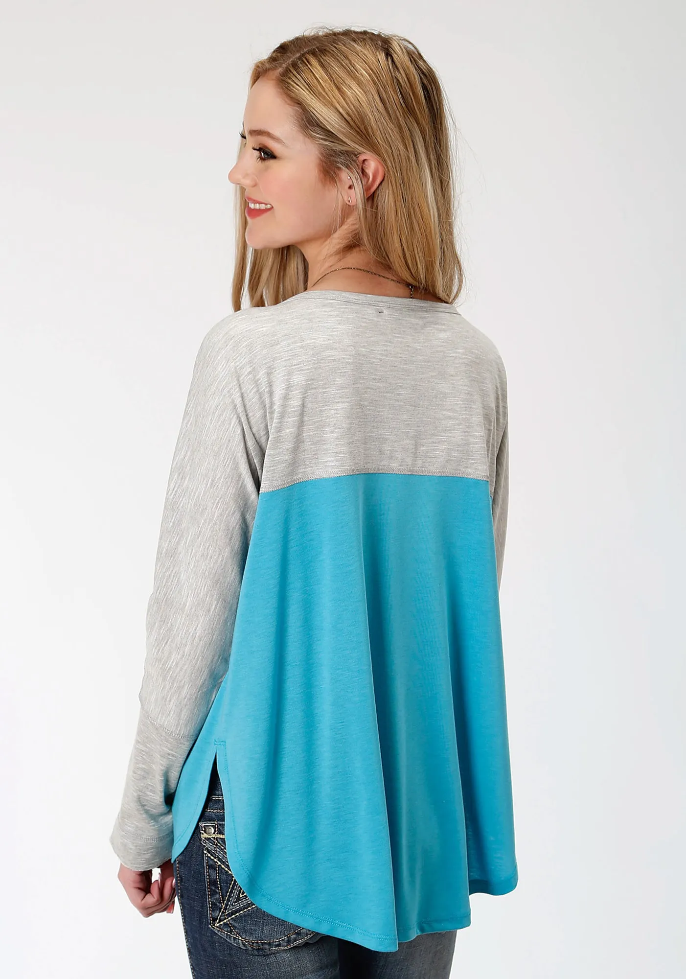 Classic Casual Garment Washed Softness Roper Womens Grey/Blue Poly/Rayon Two Tone L/S T-Shirt