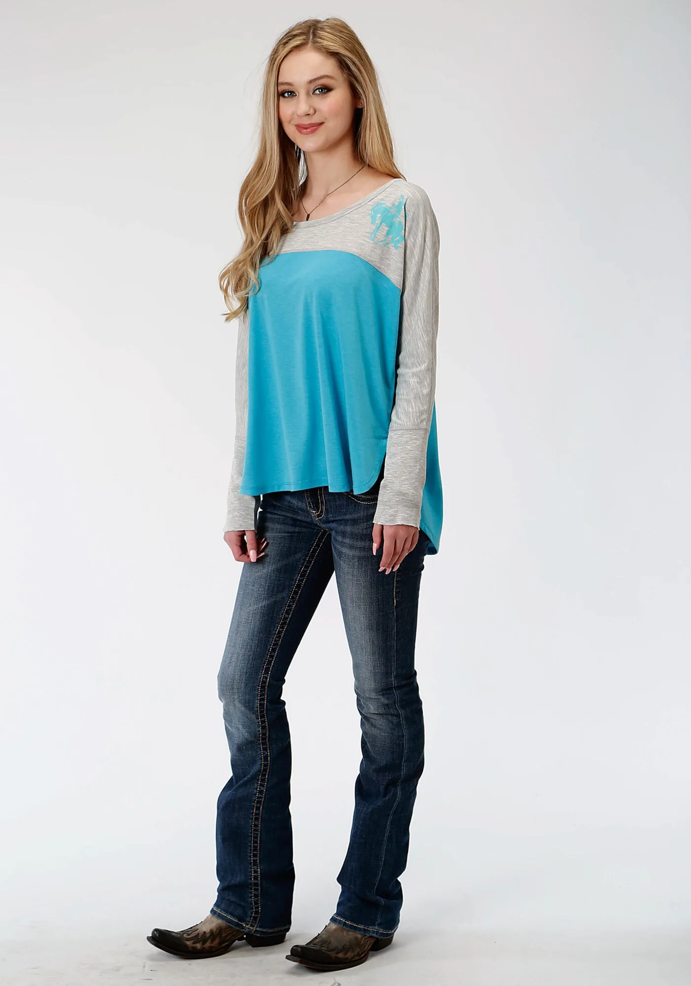 Roper Womens Grey/Blue Poly/Rayon Two Tone L/S T-Shirt Easy Layering