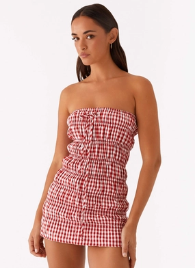 Adele Mini Dress - Red Gingham Daywear Chic High-Fashion Adele Mini Dress - Red Gingham