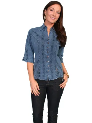 Adjustable Cuff Scully Cantina Womens Dark Blue 100% Cotton 3/4S Floral Vine Blouse Festival Outfit Flexible Shoulder Construction Scully Cantina Womens Dark Blue 100% Cotton 3/4S Floral Vine Blouse