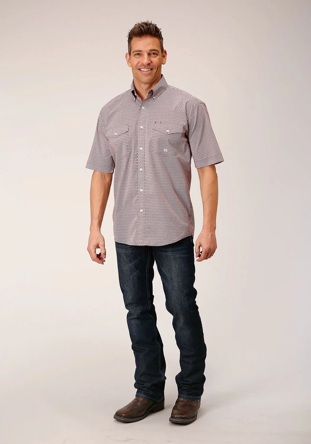 Roper Mens Climbing Diamond Red Cotton Blend S/S Shirt Oversized Fit