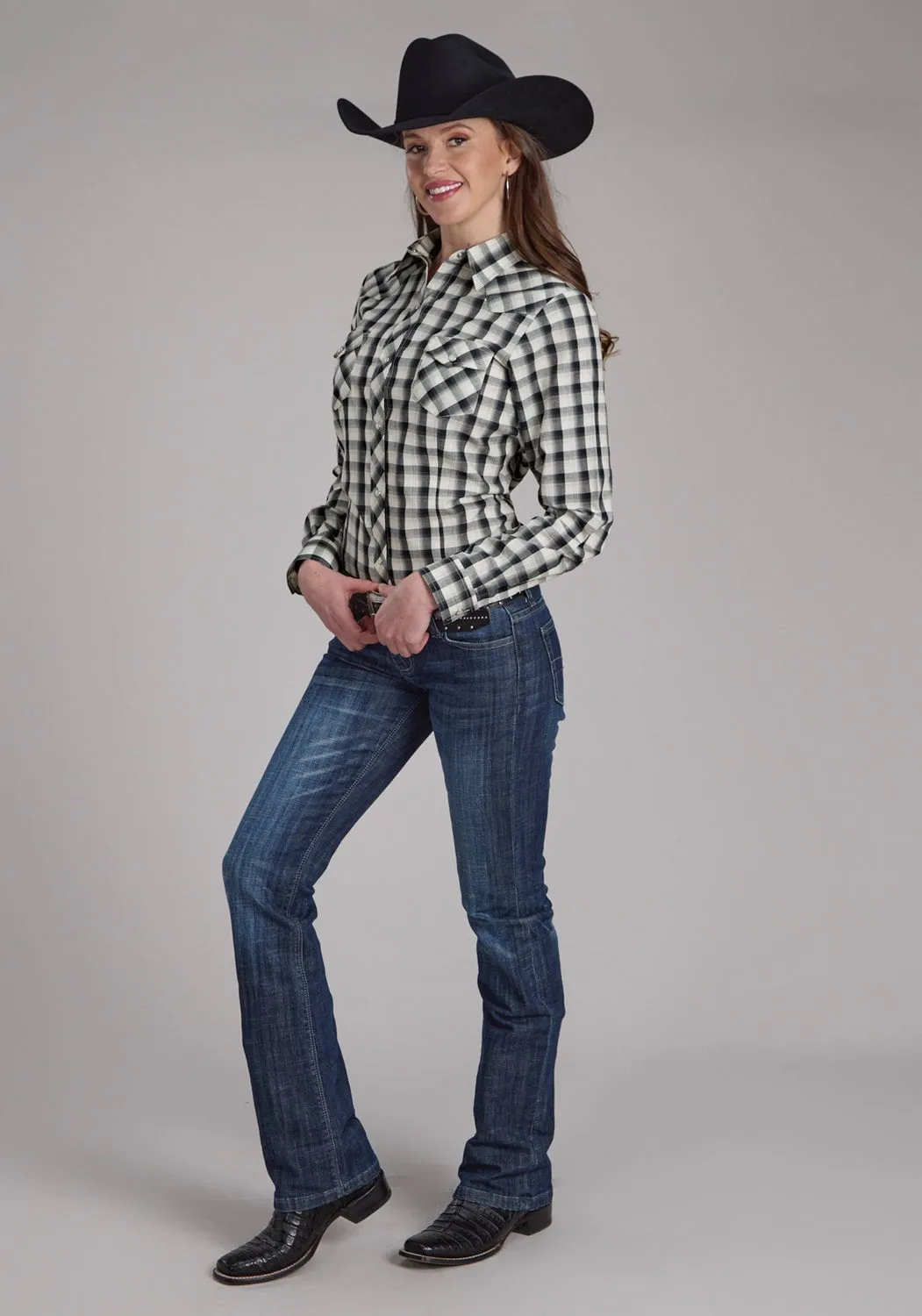 Plus Size Fit wrinkle free Roper Womens 2125 Plaid Blue/Black Cotton Blend L/S Shirt