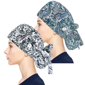 Adjustable Working Caps with Button & Sweatband, Women Ponytail Pouch Hats, Long Hair (Blue Leaf Gery Leaf)