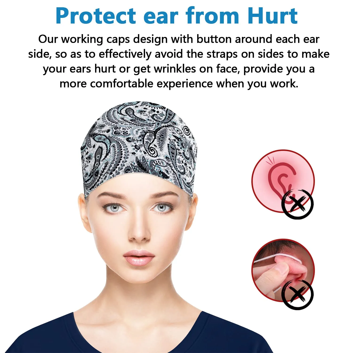 Adjustable Working Caps with Button & Sweatband, Women Ponytail Pouch Hats, Long Hair (Blue Leaf Gery Leaf)