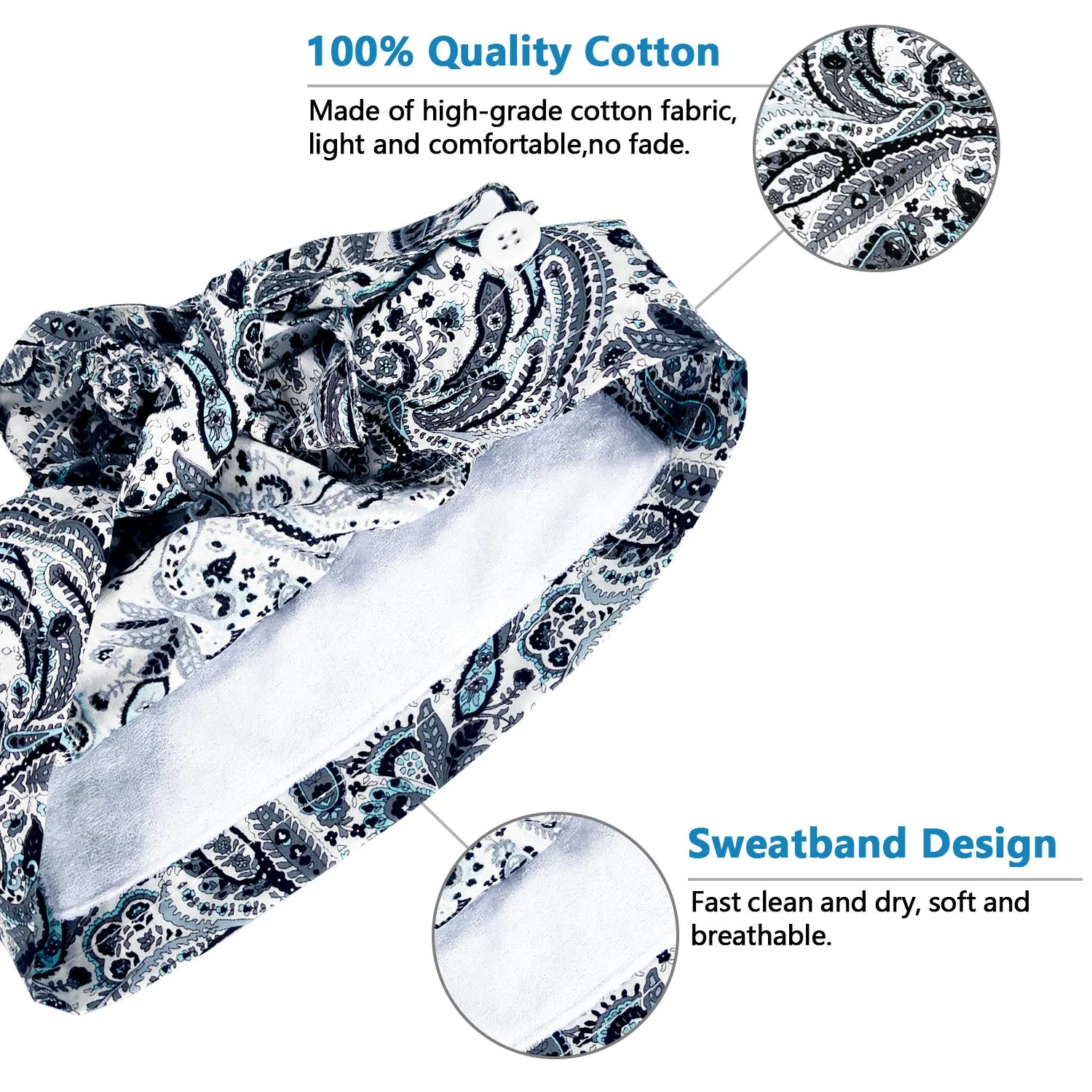 Adjustable Working Caps with Button & Sweatband, Women Ponytail Pouch Hats, Long Hair (Blue Leaf Gery Leaf)