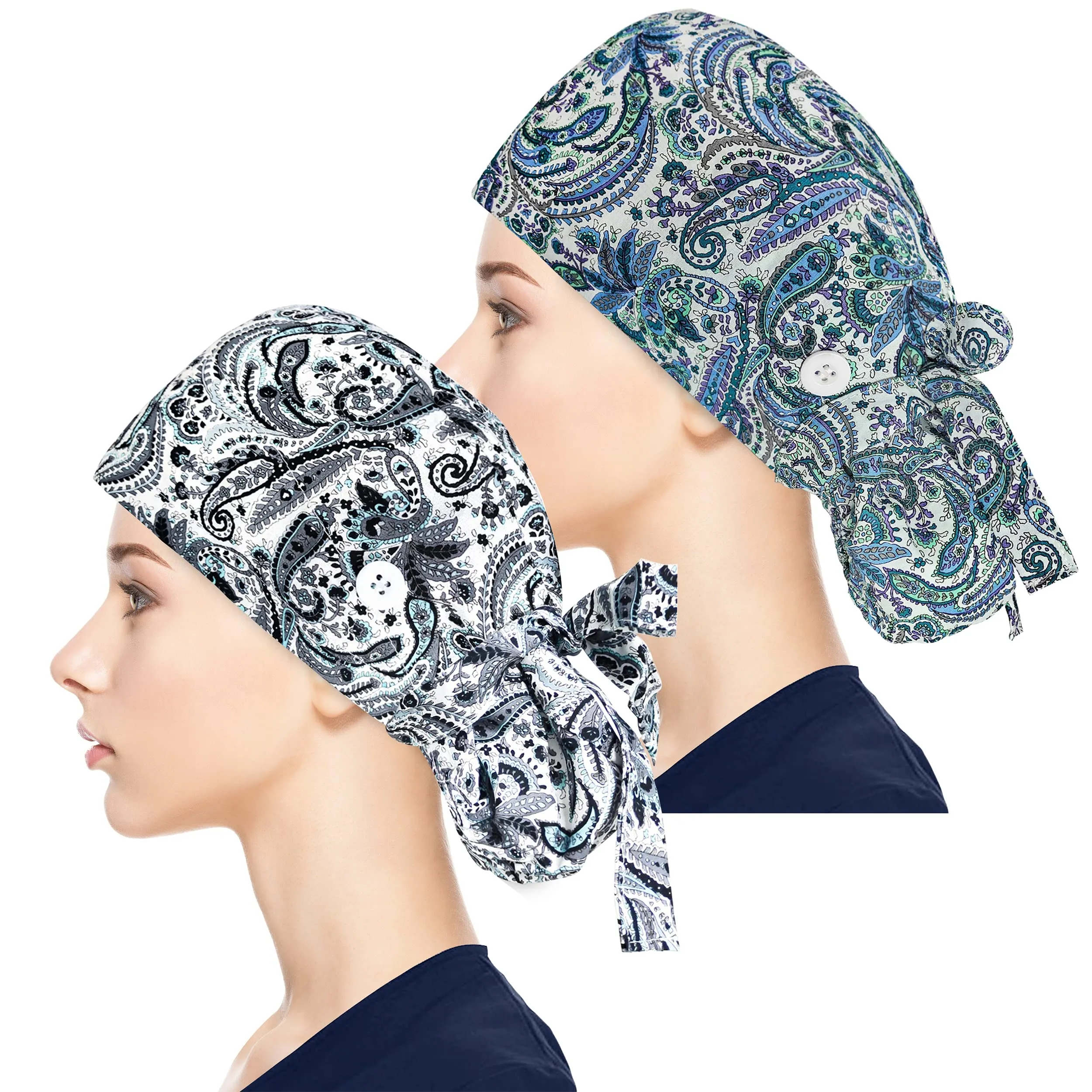 Adjustable Working Caps with Button & Sweatband, Women Ponytail Pouch Hats, Long Hair (Blue Leaf Gery Leaf)