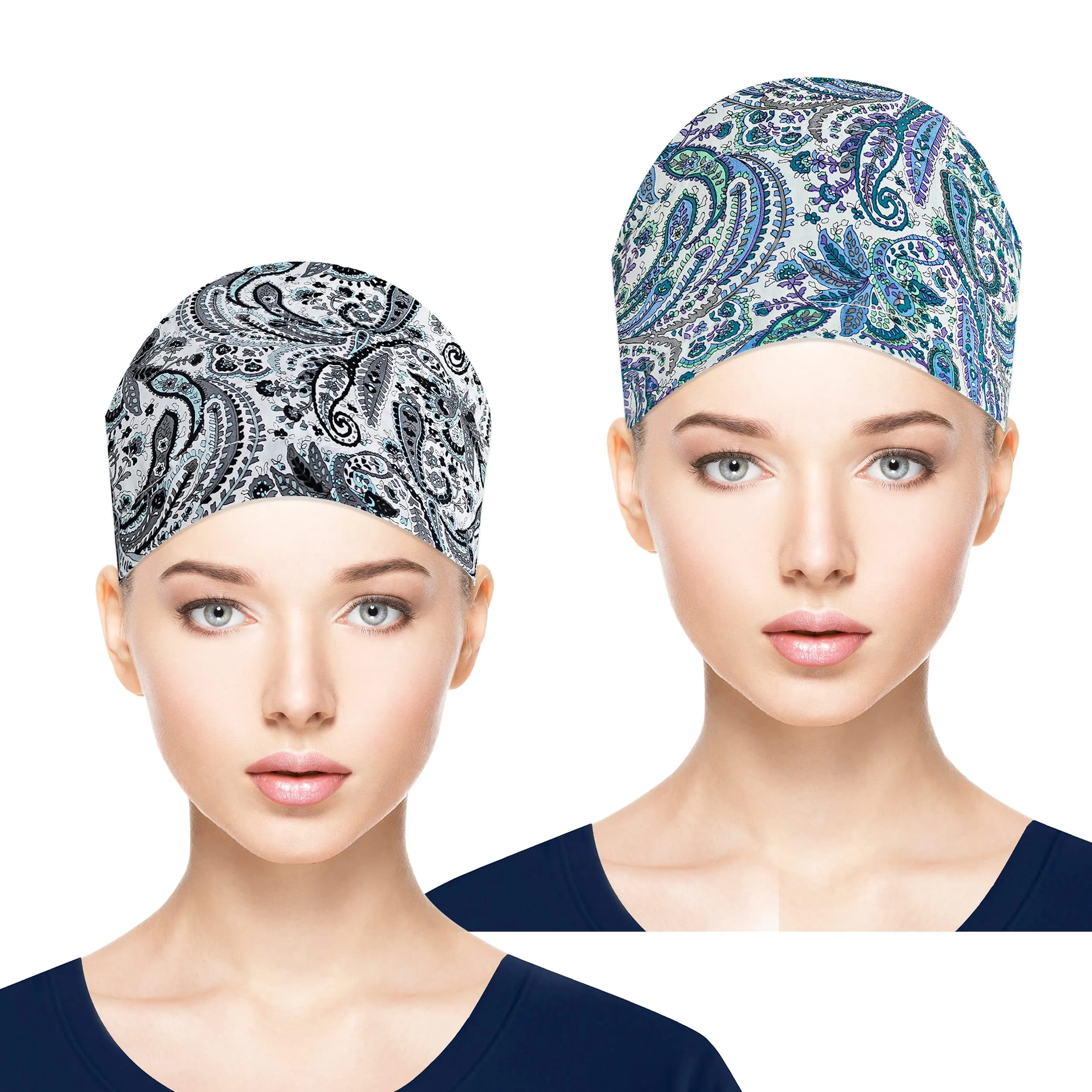 Adjustable Working Caps with Button & Sweatband, Women Ponytail Pouch Hats, Long Hair (Blue Leaf Gery Leaf)