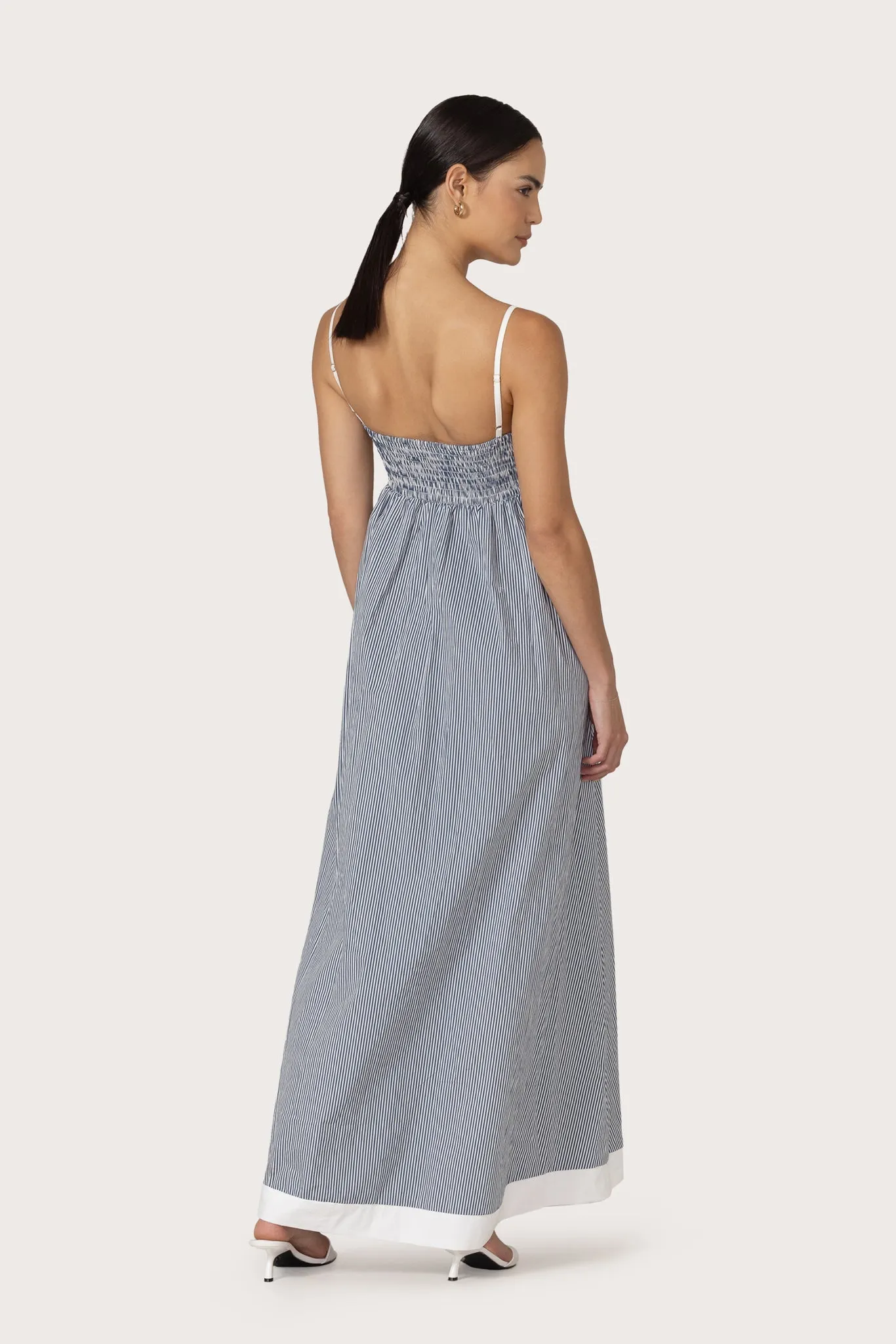 Vibe Style Sleek Texture Adriana Maxi Poplin Dress in Denim Stripe