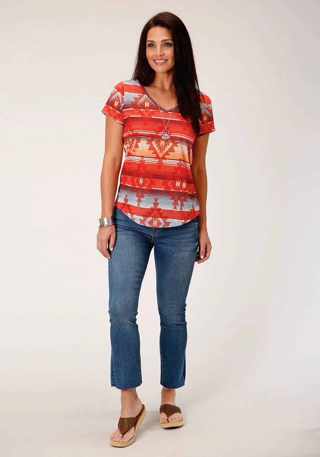 Roper Womens Red Sublimation Multi-Color 100% Polyester S/S Blouse Non Chafe Seams
