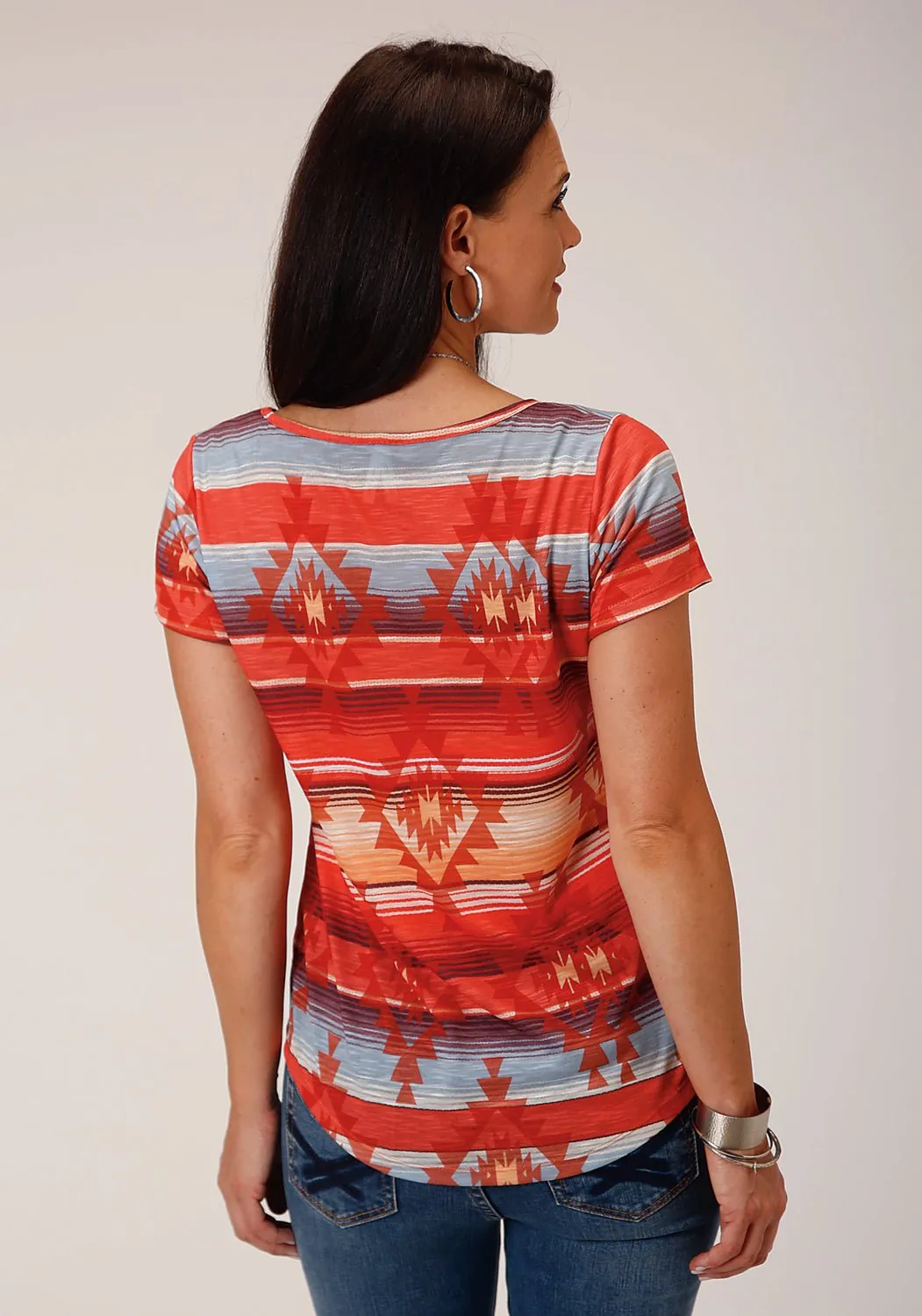 Roper Womens Red Sublimation Multi-Color 100% Polyester S/S Blouse Seamless construction Casual Elegance
