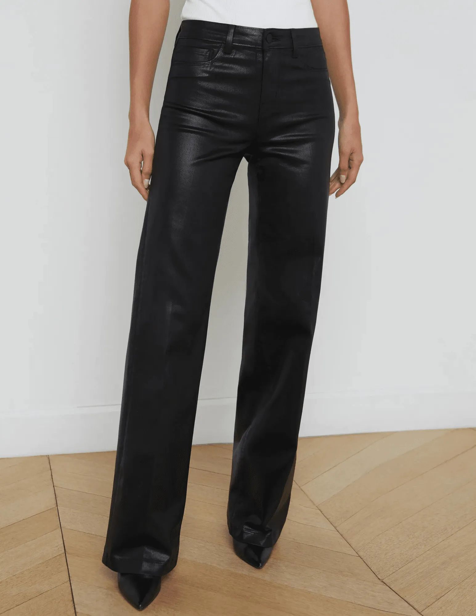 Vibrant Trendy L??AGENCE Clayton High Rise Wide Leg Coated Jeans in Black Coated
