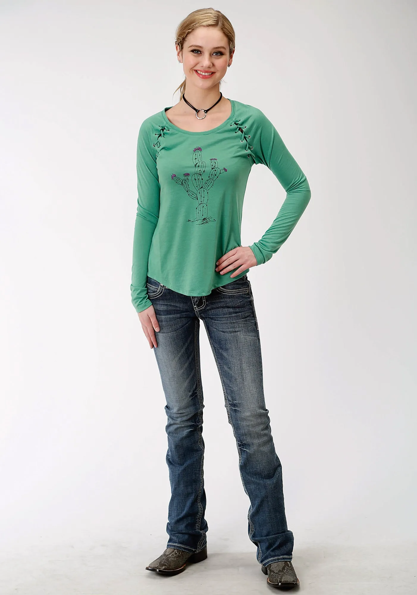 Wear It All Roper Womens Moss Green Poly/Rayon Cactus L/S T-Shirt