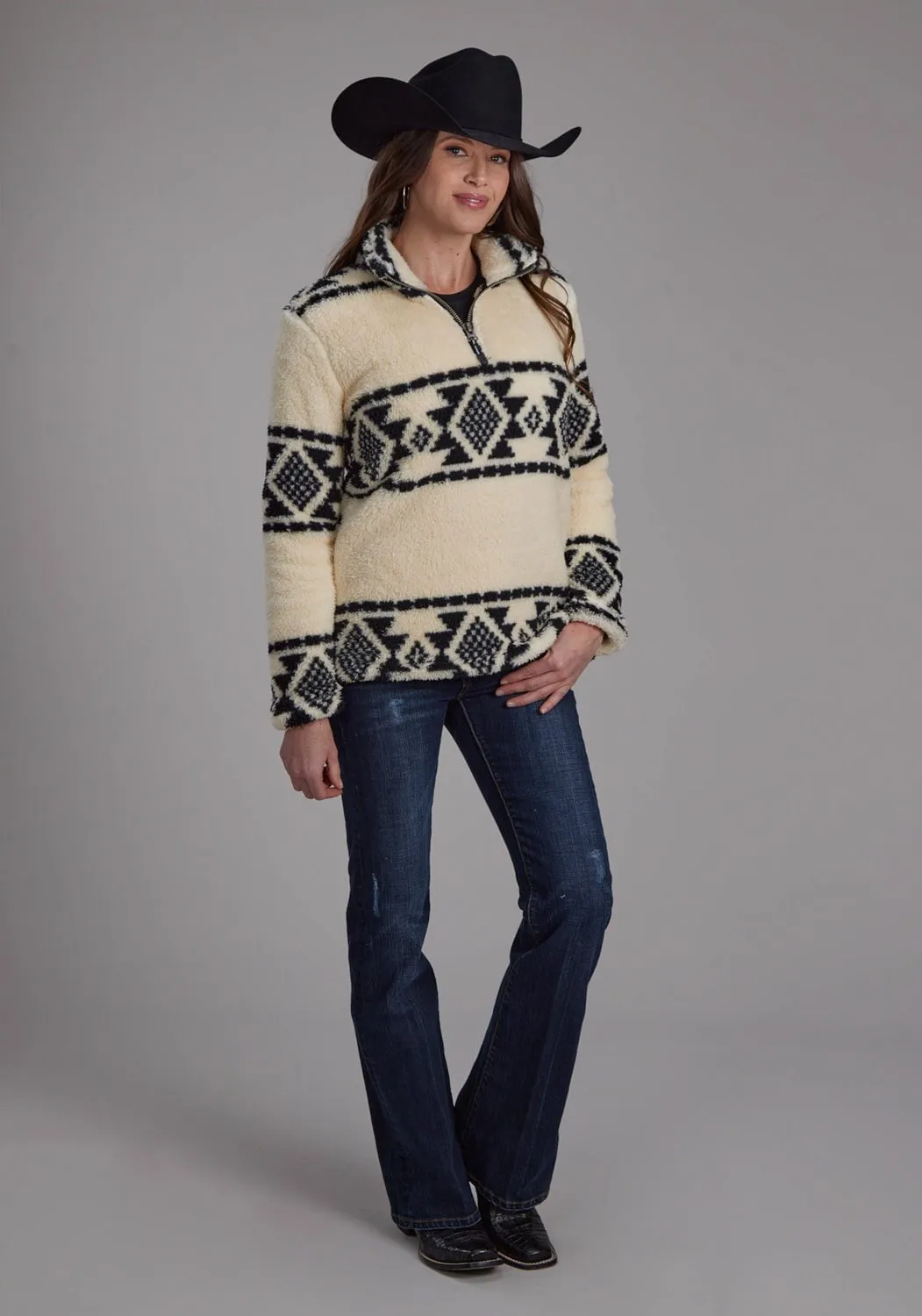 Artist Vibe Smooth Minimalist Styling Roper Womens Aztec Stripe Black/Cream 100% Polyester Fleece Jacket