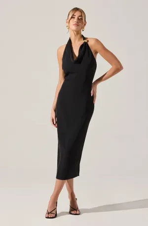 Alanna Halter Cowl Neck Dress in Black Satin Style Travel Staple Alanna Halter Cowl Neck Dress in Black