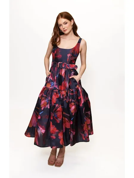 Alice Maxi Dress in Navy Multi Breezy Watercolor Blooms Contemporary Fit Soft Air