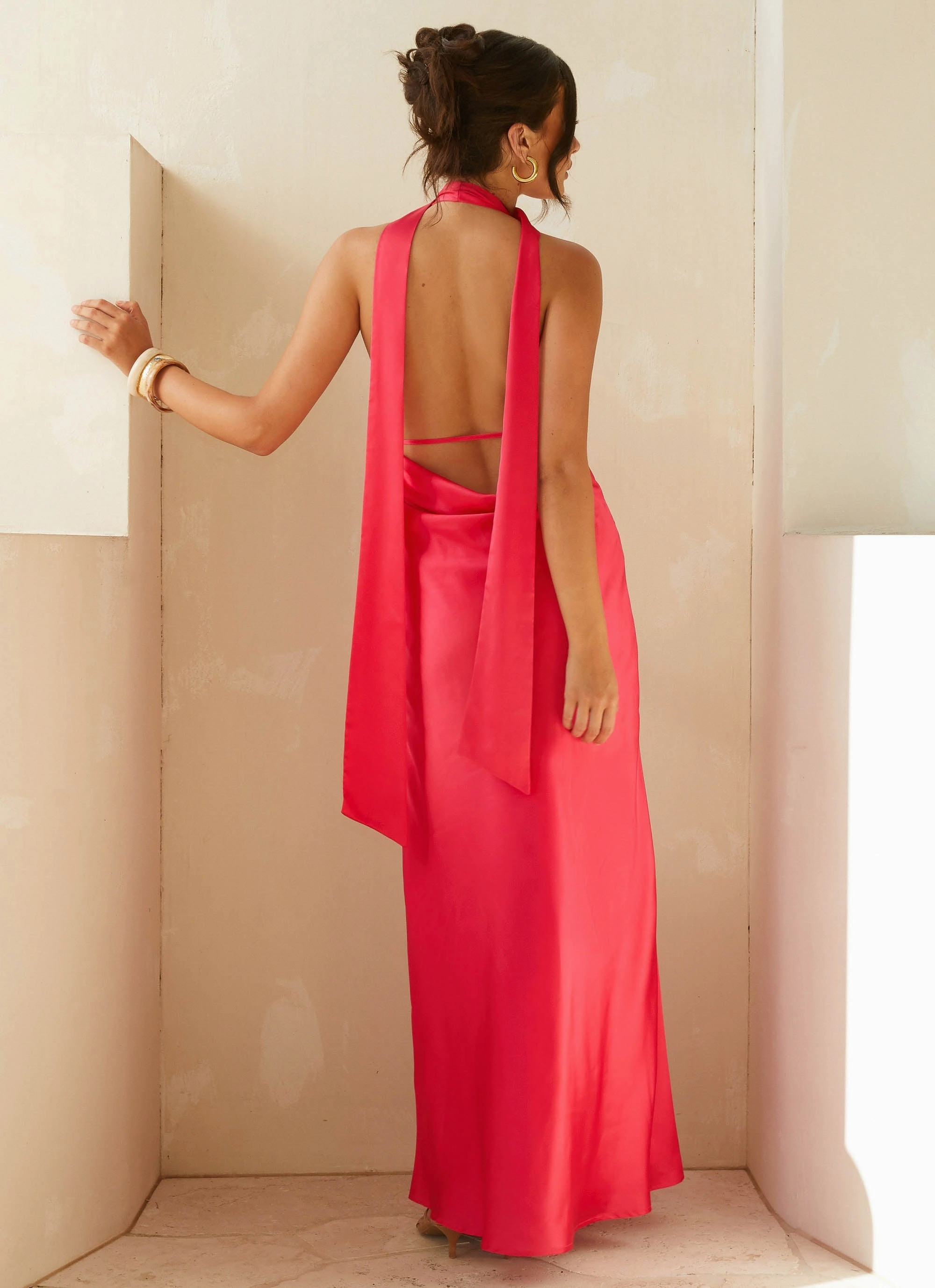 Beaded-Edge Alicia Satin Halter Maxi Dress - Fuchsia