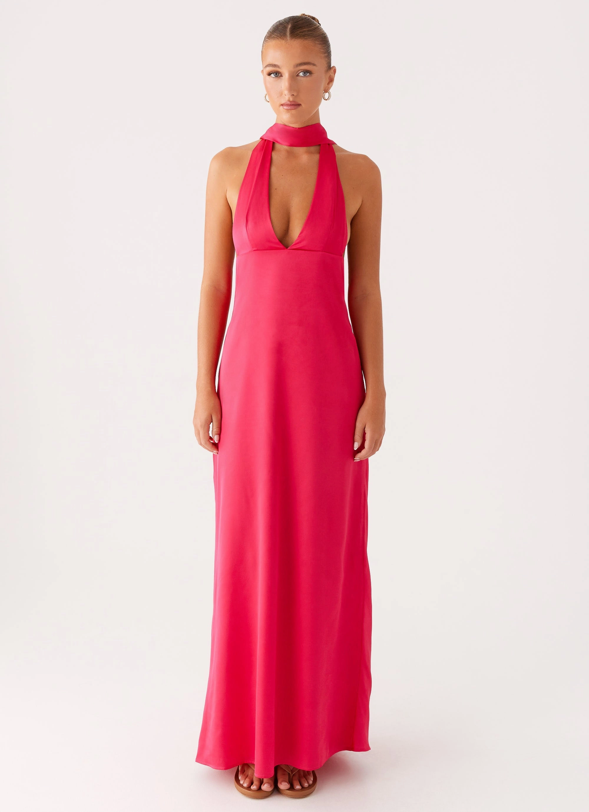 Magnetic-Closure Alicia Satin Halter Maxi Dress - Fuchsia
