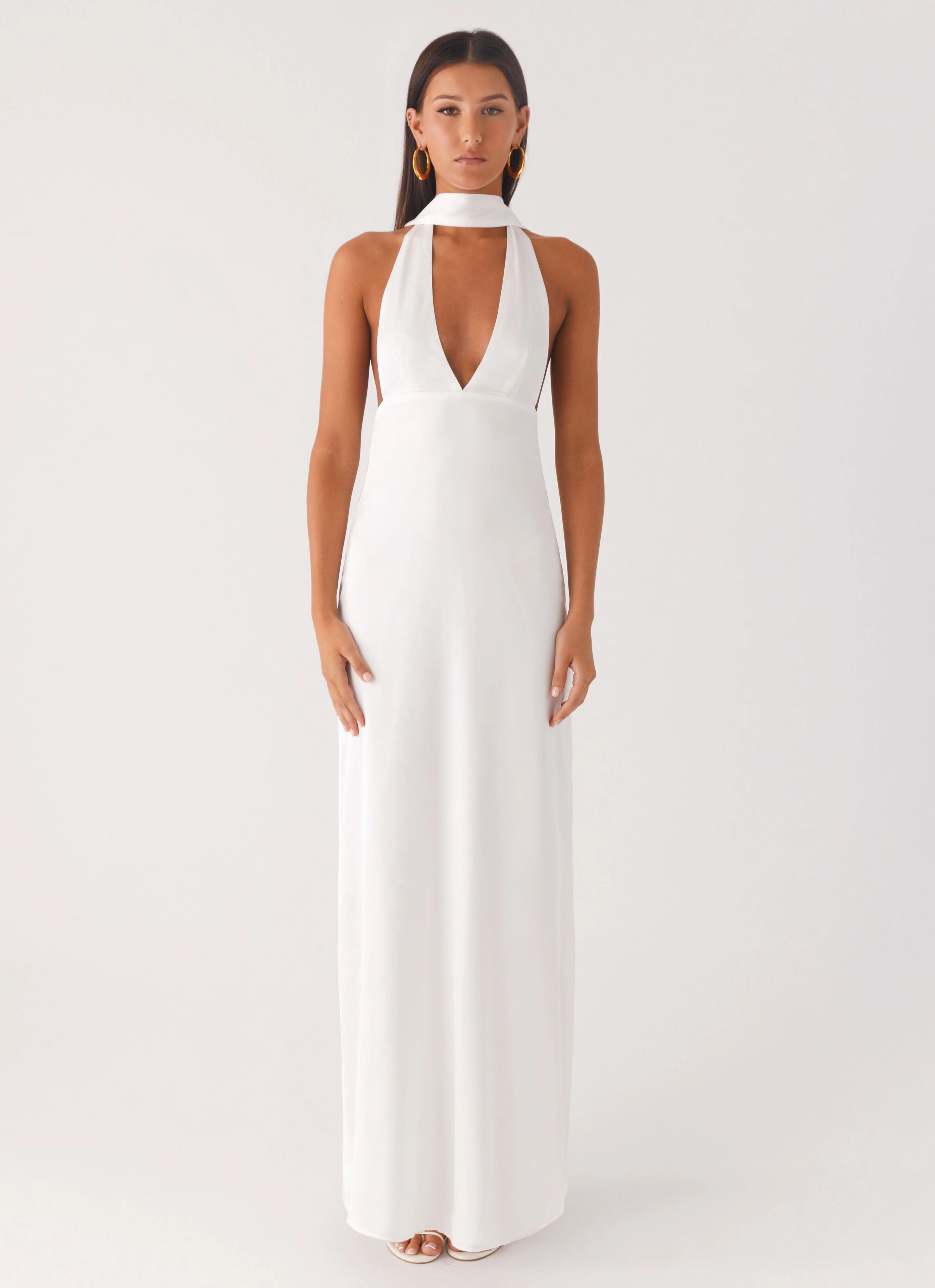 Layering-Piece Alicia Satin Halter Maxi Dress - White