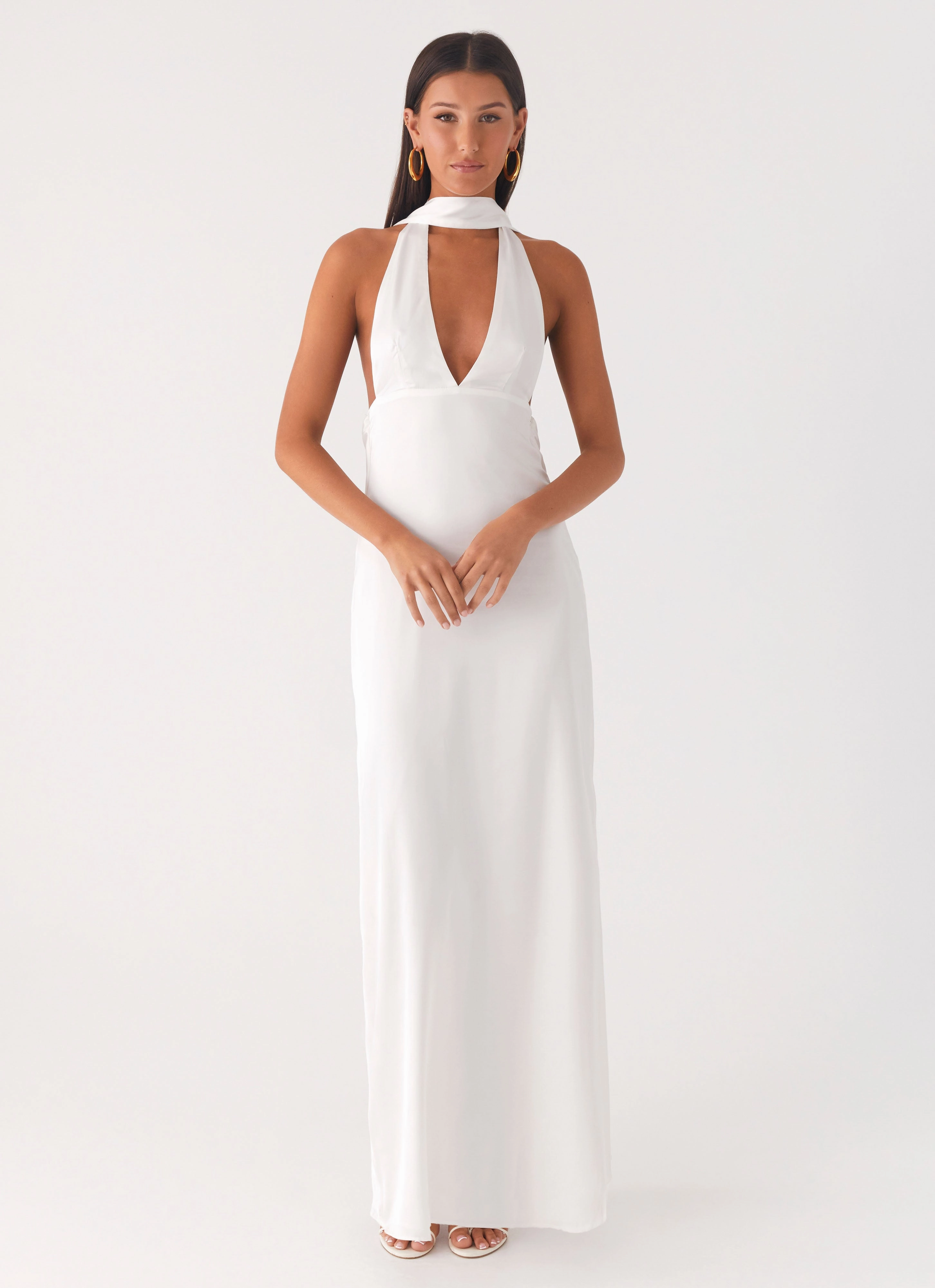 Bold Movement Alicia Satin Halter Maxi Dress - White