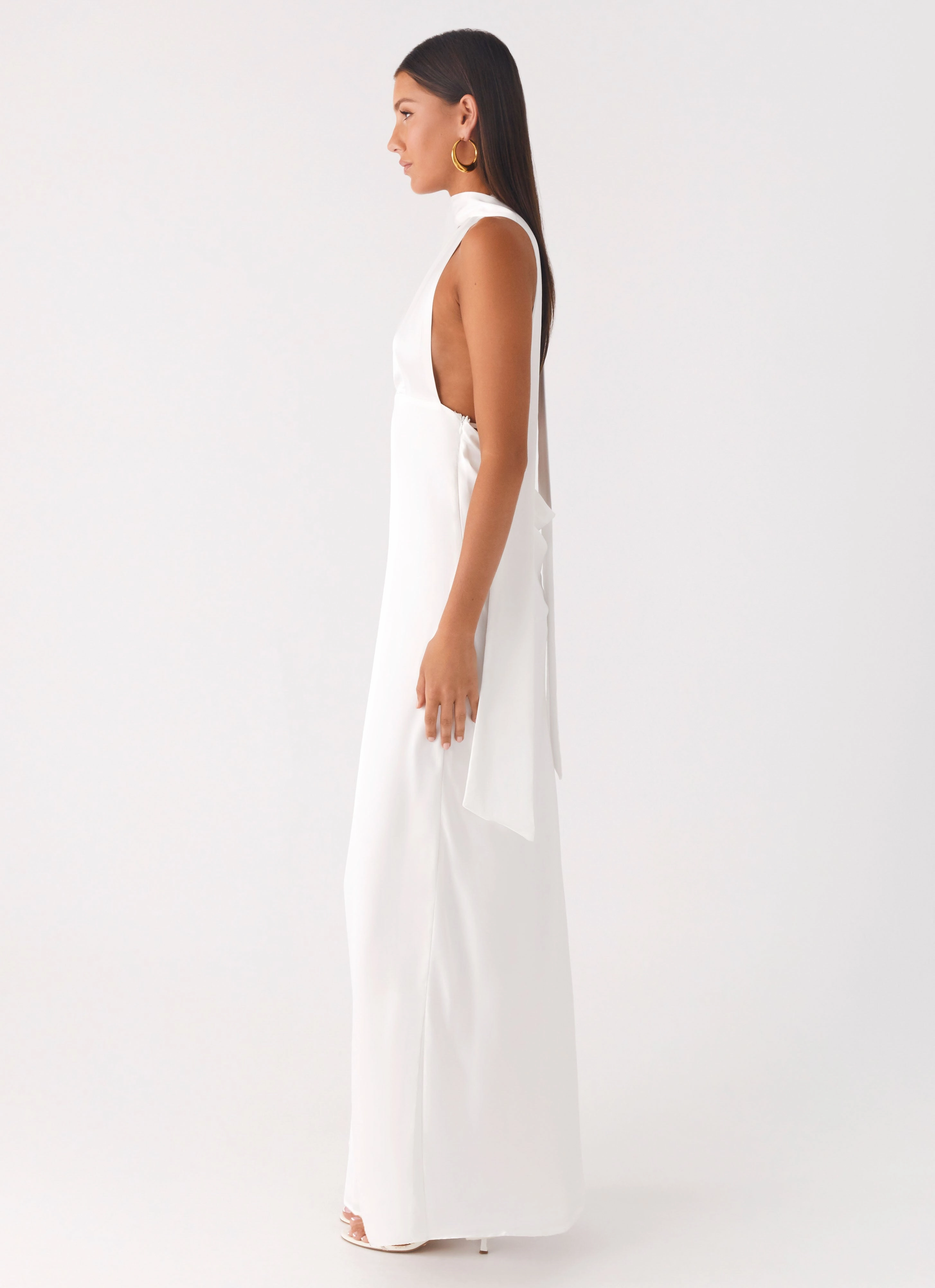 Alicia Satin Halter Maxi Dress - White Romantic Hour Flawless Waistband