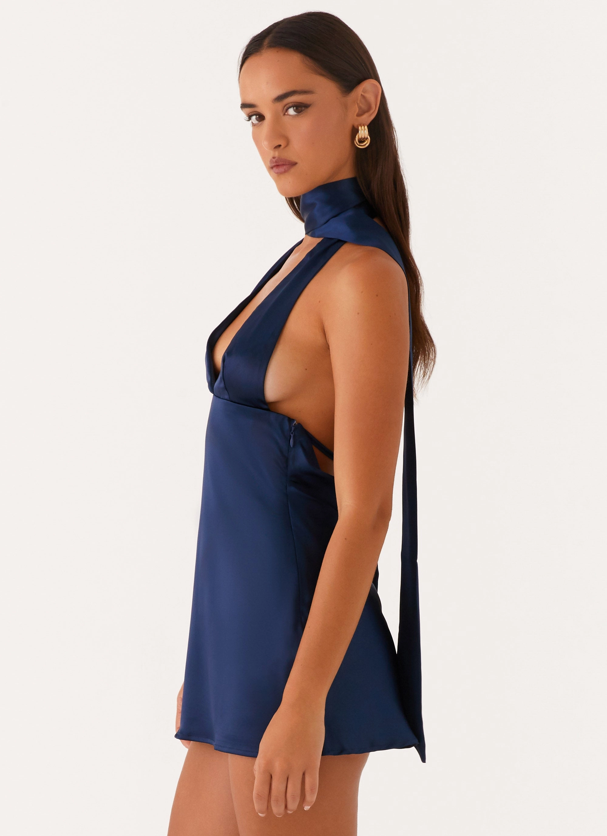 Stylish Line Easy Comfort Look Alicia Satin Halter Mini Dress - Navy