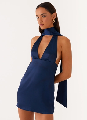 Alicia Satin Halter Mini Dress - Navy Casual Fit Wear Alicia Satin Halter Mini Dress - Navy Feminine Touch Minimalist-Style