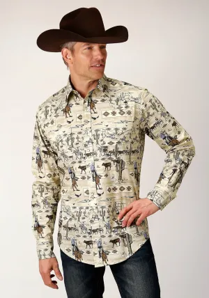 All-day Comfort Roper Mens Vintage Postcard Brown 100% Cotton L/S Shirt Roper Mens Vintage Postcard Brown 100% Cotton L/S Shirt Cooling Core Technology