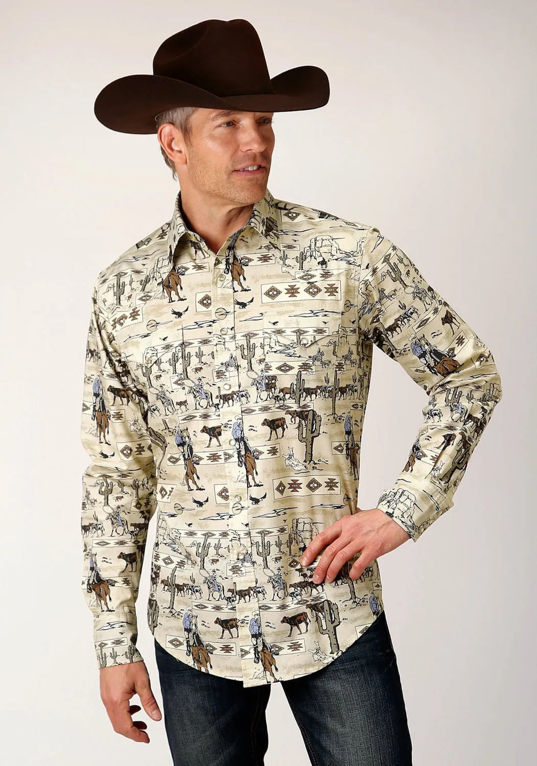 Roper Mens Vintage Postcard Brown 100% Cotton L/S Shirt Cooling Core Technology