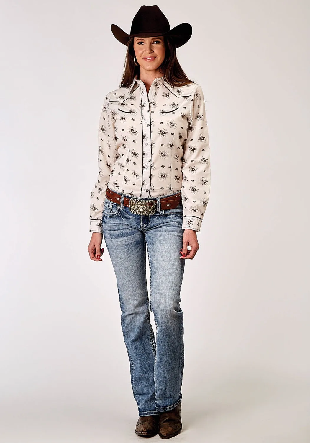 Roper Womens 1964 Vintage Floral Cream Cotton Blend Retro L/S Shirt Winter Layering