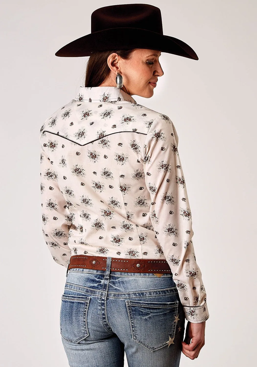 Roper Womens 1964 Vintage Floral Cream Cotton Blend Retro L/S Shirt Lightweight Wear