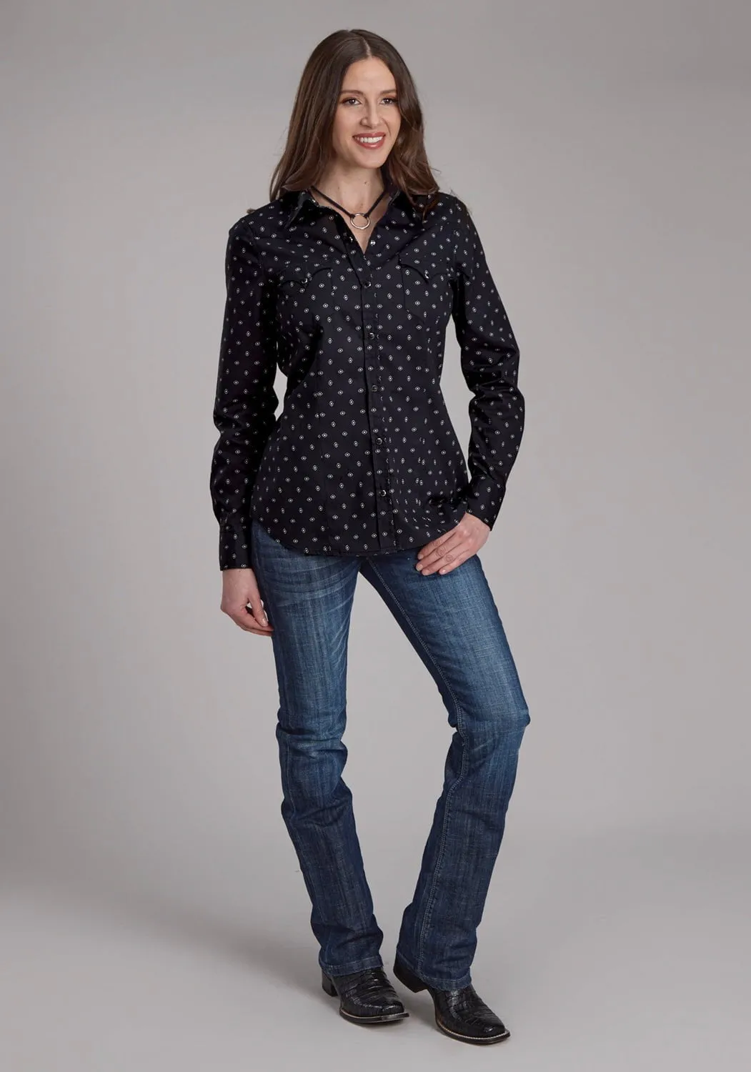 Monochrome Palette On-The-Go Style Roper Womens 2180 Broken Diamonds Black 100% Cotton L/S Shirt
