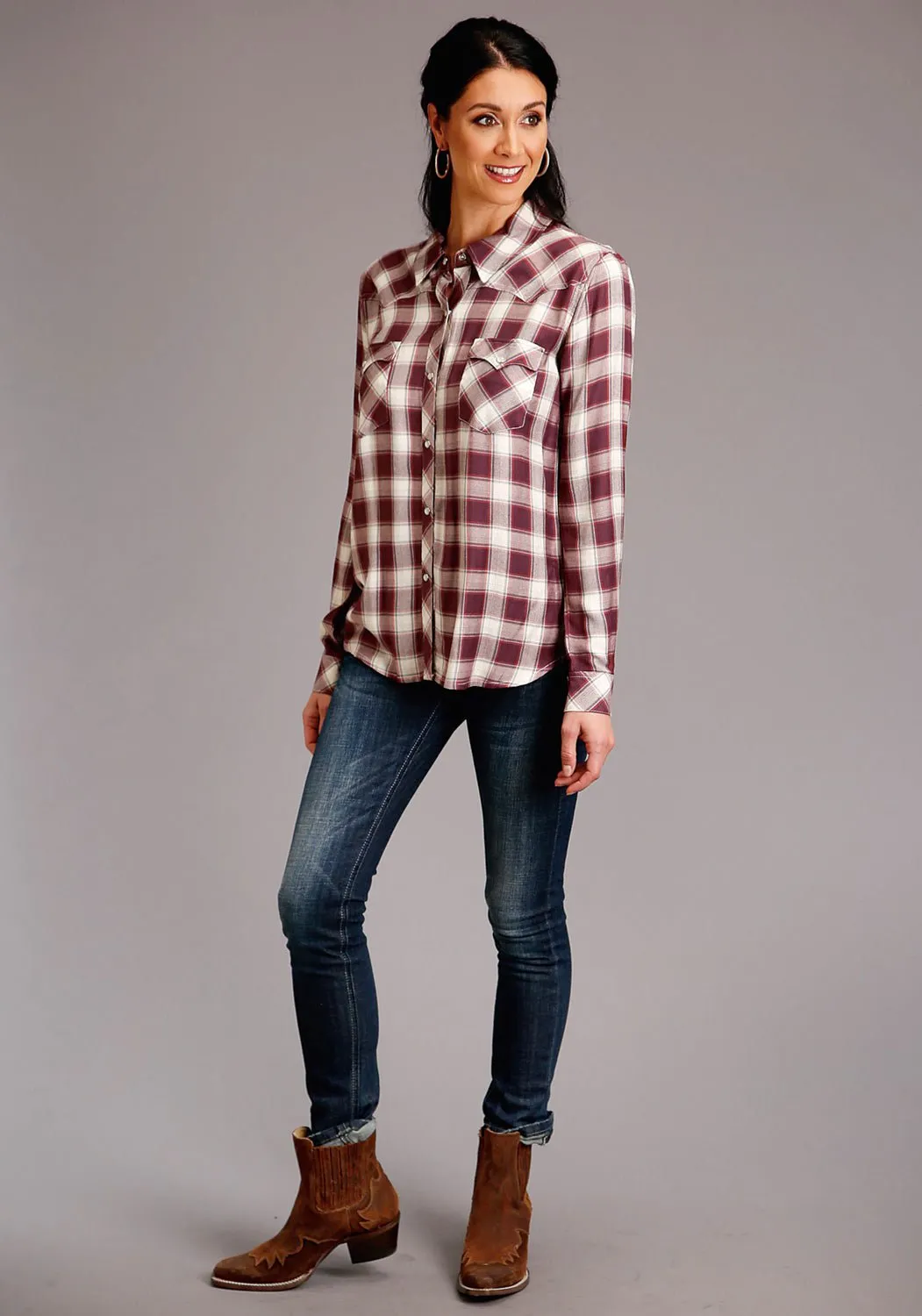 Stetson Womens Wine Rayon/Nylon Gaucho Plaid L/S Shirt Family Style Minimalist Style Date Night